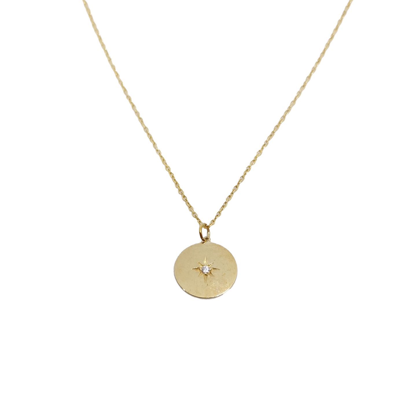 9ct Gold chain and round disc with CZ Stone